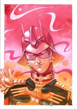 1boy blonde_hair border char_aznable closed_mouth combat_helmet commentary cropped_torso dated english_commentary epaulettes eye_mask gundam helmet highres mask military_uniform mobile_suit_gundam painting_(medium) pink_background pretentiousfork science_fiction short_hair signature solo traditional_media watercolor_(medium) white_border zeon