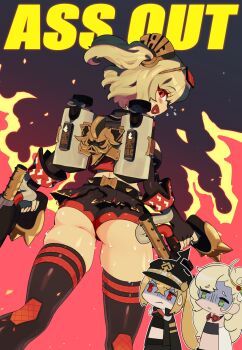 Rule 34 | 3girls, absurdres, ass, belt, black gloves, black jacket, blonde hair, breasts, burnice white, chibi, chibi inset, embers, eyewear on head, fingerless gloves, fire, flamethrower, flying sweatdrops, from behind, gloves, high-waist skirt, highres, holding, holding flamethrower, holding weapon, jacket, large breasts, leather, leather jacket, long sleeves, looking at viewer, luciana de montefio, multiple girls, open mouth, piper wheel, pondaigrl, red-tinted eyewear, red eyes, short hair, skirt, smile, spiked belt, spiked jacket, strapless, sunglasses, sweat, sweatdrop, thighhighs, tinted eyewear, tube top, twintails, weapon, zenless zone zero, zettai ryouiki