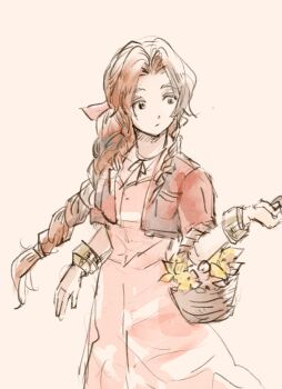 1girl aerith_gainsborough bangle basket bracelet braid braided_ponytail breasts brown_hair choker closed_mouth commentary_request cowboy_shot cropped_jacket dress final_fantasy final_fantasy_vii flower_basket hair_ribbon highres holding holding_basket jacket jewelry long_hair maki6623 medium_breasts parted_bangs pink_dress pink_ribbon red_jacket ribbon ribbon_choker sidelocks simple_background single_braid sketch solo