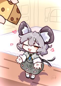 1girl absurdres animal_ears blush capelet cheese chibi food full_body gakubutiudonn449 gem grey_capelet grey_hair grey_skirt heart highres hook indoors long_sleeves looking_at_object medium_hair mouse_ears mouse_girl mouse_tail nazrin no_nose one_eye_closed red_eyes shadow skirt sparkle swiss_cheese tail tail_wagging touhou
