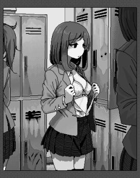 3girls blazer border bra closed_mouth collared_shirt dithering greyscale hamsterfragment hands_up indoors jacket jaggy_lines lapels locker locker_room long_sleeves lowres medium_hair miniskirt monochrome multiple_girls notched_lapels open_clothes open_jacket original over-kneehighs pleated_skirt school_uniform shirt shirt_tucked_in skirt solo_focus shinohata_sachie_(hamsterfragment) thighhighs underwear undressing zettai_ryouiki