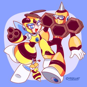 1boy 1girl 2023 :d anarquer antennae arm_cannon arm_up armor artist_name bee beehive black_pants black_trim blue_background blue_eyes blue_eyeshadow boots bug capcom commentary english_commentary eyeshadow forehead_jewel full_body gloves helmet highres honey_woman hornet_man insect insect_wings makeup mask mega_man_(classic) mega_man_(series) mega_man_9 mouth_mask open_mouth pants robot robot_girl simple_background smile stinger visor_cap weapon white_boots white_gloves wings yellow_armor yellow_gloves