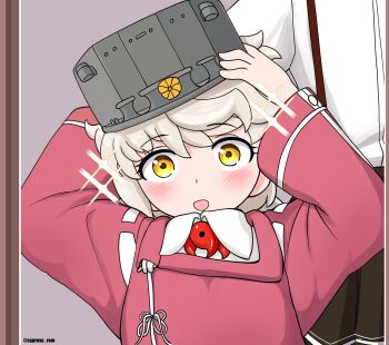 2girls aged_down black_skirt commentary_request cosplay cypress_(hinokidou) highres japanese_clothes kantai_collection kariginu long_sleeves magatama miniskirt multiple_girls pleated_skirt ryuujou_(kancolle) ryuujou_kai_ni_(kancolle) ryuujou_kai_ni_(kancolle)_(cosplay) skirt solo_focus suspender_skirt suspenders unryuu_(kancolle) visor_cap white_hair yellow_eyes