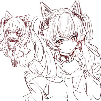 1girl :| angelina_(arknights) animal_ears arknights arknights:_endfield belt chinese_commentary closed_mouth coat commentary_request deformed dot_nose dress expressionless fox_ears fox_girl from_above gilberta_(arknights) hair_between_eyes headpiece high_belt high_collar highres light_smile long_hair looking_at_viewer lxljun monochrome multiple_views off_shoulder open_clothes open_coat simple_background sketch thighhighs twintails white_background