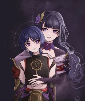 1boy 1girl arms_at_sides behind_another black_shirt blunt_bangs blunt_ends bridal_gauntlets choppy_bangs cropped_shirt delisha_lia doll_joints eyelashes eyeliner eyeshadow fan_hair_ornament flower genshin_impact gold_ring grey_hair hair_flower hair_ornament halo hand_on_another&#039;s_shoulder hand_on_another&#039;s_stomach height_difference highres japanese_clothes joints kimono long_hair looking_at_another makeup mechanical_arms middle_ring midriff mitsudomoe_(shape) mole mole_under_eye mother_and_son o-ring off_shoulder open_mouth purple_background purple_bridal_gauntlets purple_eyes purple_flower purple_hair purple_halo purple_kimono purple_lips purple_nails purple_pupils purple_sash purple_shrug raiden_shogun red_eyeliner red_eyeshadow red_rope red_sash rope sash scaramouche_(genshin_impact) scaramouche_(shouki_no_kami)_(genshin_impact) shirt shrug_(clothing) signature single_sode string swept_bangs teeth tomoe_(symbol) upper_teeth_only white_mouth