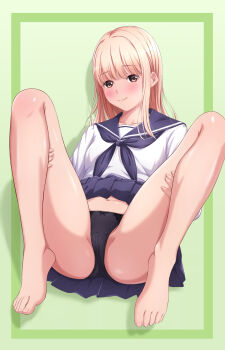 1girl akippoi_0919 bare_legs barefoot black_panties blonde_hair blue_neckerchief blue_sailor_collar blue_skirt blush border bow bow_panties brown_eyes closed_mouth clothes_lift commentary_request crotch_seam feet full_body green_background green_border hands_on_own_thighs highres long_hair looking_at_viewer navel neckerchief original outside_border panties picot_trim_panties pleated_skirt sailor_collar school_uniform serafuku shadow shirt skirt skirt_lift smile solo straight_hair toenails toes underwear variant_set white_shirt