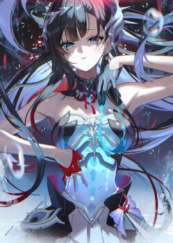 1girl air_bubble armpits asymmetrical_gloves black_gloves black_hair blue_eyes breasts bubble colored_inner_hair floating_hair gloves hair_ornament honkai:_star_rail honkai_(series) hysilens_(honkai:_star_rail) large_breasts long_hair looking_at_viewer mismatched_gloves multicolored_hair parted_lips red_gloves scottie_(phantom2) solo very_long_hair