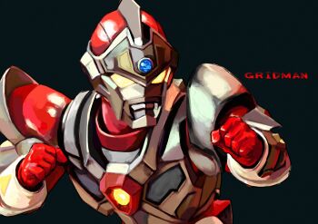 1boy absurdres acceptor armor black_background black_skin blue_gem breastplate character_name clenched_hands colored_skin commentary compound_eyes denkou_choujin_gridman english_text fighting_stance forehead_jewel gauntlets gem giant giant_male glowing glowing_eyes gridman_(character) gridman_(denkou_choujin) hands_up highres looking_ahead male_focus mecha multicolored_skin red_skin robot shoulder_armor shoulder_pads silver_armor simple_background solo takamiya2222 tokusatsu two-tone_skin upper_body yellow_eyes