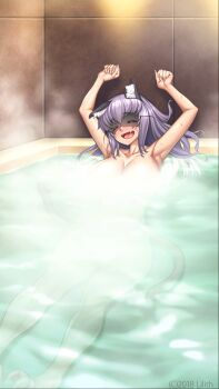 1girl :o akebi_(taimanin_series) animal_ears bathing black_tail blush breasts cat_bell cat_ears cat_girl censored_nipples closed_eyes completely_nude convenient_censoring copyright_name curvy happy highres indoors large_breasts lilith-soft long_hair multiple_tails nekomata nude outstretched_arms purple_hair shiny_skin sitting steam stretching sweat tail taimanin_(series) taimanin_rpgx two_tails water wide_hips yellow_eyes zol