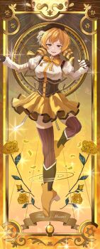 1girl beret black_corset black_gloves black_hat blonde_hair boots border breasts corset drill_hair fingerless_gloves flower framed full_body gloves hands_up hat high_collar high_heel_boots high_heels highres juliet_sleeves knee_boots long_sleeves looking_at_viewer mahou_shoujo_madoka_magica medium_breasts medium_hair momonokan09 neck_ribbon orange_boots ornate_border parted_lips puffy_sleeves red_thighhighs ribbon rose shirt skirt solo standing standing_on_one_leg striped_clothes striped_thighhighs thighhighs tomoe_mami tomoe_mami_(magical_girl) twin_drills vertical-striped_clothes vertical-striped_thighhighs white_shirt yellow_eyes yellow_flower yellow_ribbon yellow_rose yellow_skirt zettai_ryouiki