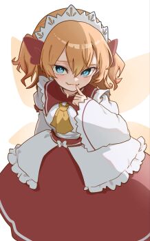 1girl ascot blue_eyes closed_mouth commentary delta_delta fairy_wings fang finger_to_mouth highres long_sleeves looking_at_viewer maid_headdress orange_hair short_hair skin_fang solo sunny_milk touhou two_side_up wide_sleeves wings yellow_ascot