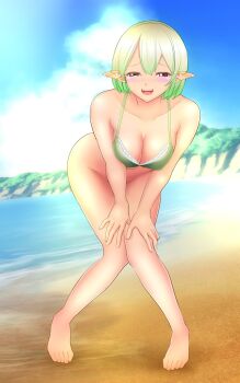 Rule 34 | 1girl, art111, barefoot, beach, bikini, bikini day, bikini top only, blush, bottomless, breasts, cloud, cloudy sky, collarbone, commentary, covering crotch, covering privates, day, feet, full body, green bikini, hands on own knees, highres, leaning forward, looking at viewer, ocean, open mouth, original, outdoors, pointy ears, sky, solo, standing, swimsuit, toes