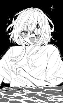 1girl absurdres black_background blood bloody_tears eyepatch fangs greyscale hair_between_eyes hair_intakes hanataro_(sruvhqkehy1zied) highres looking_at_viewer medical_eyepatch medium_hair monochrome open_mouth original shirt sidelocks simple_background smile solo teeth upper_body upper_teeth_only water wide_sleeves