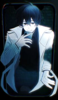 1boy :d binary black_eyes black_hair black_shirt chromatic_aberration coat cowboy_shot double-parted_bangs glitch_art hair_between_eyes highres holding holding_phone kim_dokja looking_at_viewer male_focus muzililsp omniscient_reader&#039;s_viewpoint open_clothes open_coat open_mouth phone popped_collar shirt short_hair smile solo through_medium white_coat