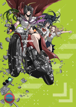 Rule 34 | 3girls, bancholilimon, banchou, delinquent, digimon, digimon adventure tri., happy, long hair, mochizuki meiko, monster girl, motor vehicle, motorcycle, multiple girls, nail polish, plant, plant girl, pleated skirt, school uniform, skirt, smile, tachikawa mimi