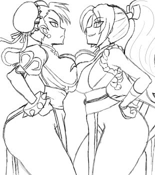 2girls ass breast_press breasts capcom capcom_vs._snk chinese_clothes chun-li double_bun face-to-face fatal_fury fatal_fury:_city_of_the_wolves from_side hair_bun hand_on_own_hip highres huge_ass japanese_clothes large_breasts legs long_hair looking_at_another monochrome multiple_girls pantyhose parted_lips ponytail serious shiranui_mai sideboob sketch smile snk street_fighter teeth the_king_of_fighters thick_thighs thighs