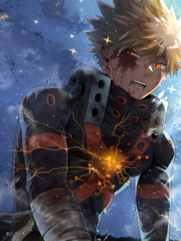 1boy bakugou_katsuki bandaged_arm bandages bandages_over_clothes blonde_hair blood blood_on_face boku_no_hero_academia bruise bruise_on_face commentary highres injury looking_at_viewer male_focus rimu_rom short_hair solo teeth upper_body