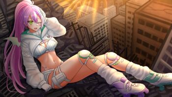 1girl arm_up asymmetrical_footwear bandaid bandaid_on_leg braid braided_bangs breasts building cleavage commentary commission english_commentary giant giantess gloves green_eyes green_wings hair_between_eyes hand_on_own_head highres hololive hood hood_down kazenokaze knee_pads long_sleeves looking_at_viewer loose_socks medium_breasts mini_wings mismatched_footwear navel one_eye_closed open_mouth outdoors pink_hair ponytail puffy_long_sleeves puffy_sleeves purple_hair roller_skates shoes short_shorts shorts shrug_(clothing) skates sleeves_past_wrists socks solo sunset tokoyami_towa tokoyami_towa_(cyberpunk) virtual_youtuber white_gloves white_shoes white_shorts white_socks wings