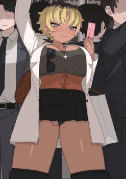 1girl animal_print bag black_hair black_nails black_necktie black_panties black_skirt black_suit blonde_hair bon_(vtuber) breasts brown_hair business_suit cellphone collared_shirt corset dark-skinned_female dark_skin dot_nose ear_piercing earrings eran_agutan eyelashes eyes_visible_through_hair faceless faceless_male flip_phone formal_clothes grey_eyes grey_shirt gyaru handbag highres indie_virtual_youtuber jacket jewelry large_breasts legs_apart leopard_print multicolored_hair multiple_boys necklace necktie onee_gyaru open_clothes open_jacket orange_corset panties phone piercing pink_hair public_indecency pussy_juice pussy_juice_drip second-party_source sex_toy shirt shopping_bag short_hair skirt smile streaked_hair suit sunglasses train train_interior underwear vibrator vibrator_under_clothes vibrator_under_panties virtual_youtuber wavy_mouth white_jacket white_shirt