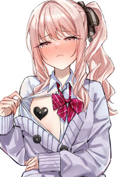 1other absurdres akiyama_mizuki black_bow blush bow cardigan closed_mouth collared_shirt commentary_request grey_cardigan hair_bow heart_pasties highres long_hair looking_at_viewer open_clothes pasties pink_eyes pink_hair project_sekai shirt side_ponytail simple_background solo white_background white_shirt yozakurayuyu