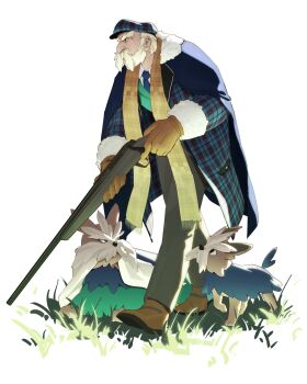 1boy absurdres beard blue_coat brown_pants coat creature_and_personification facial_hair full_body gen_5_pokemon gloves grass gun hat herdier highres mature_male nintendo overcoat pants personification plaid_clothes plaid_coat plaid_hat plaid_scarf pokemon pokemon_(creature) rifle scarf stoutland umber walking weapon yellow_scarf