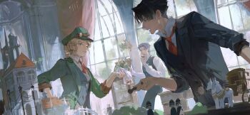 1girl 2boys absurdres ace_attorney barok_van_zieks black_hair black_jacket blonde_hair blue_eyes bottle bowler_hat carriage cup curtains drinking_glass figure formal_clothes gina_lestrade green_headwear green_jacket grey_hair hair_bun hat highres holding holding_cup indoors jacket liyuliyuzhou model model_building multiple_boys necktie one_eye_closed open_mouth phoenix_wright red_necktie shirt short_hair sleeves_rolled_up spiked_hair suit the_great_ace_attorney vest white_shirt window wine_glass