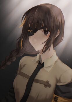 armband black_jacket black_necktie blank_stare blunt_bangs braid brown_eyes brown_hair closed_mouth eyepatch girls&#039;_frontline highres hood hooded_jacket jacket long_hair m16a1_(girls&#039;_frontline) mole mole_under_eye multicolored_hair necktie off_shoulder scar scar_across_eye scar_on_face shirt smile solo upper_body xanax025 yellow_armband yellow_shirt