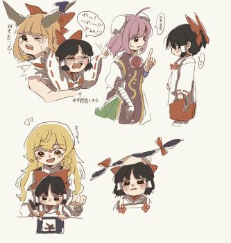 5girls aged_down alternate_costume bandaged_arm bandages black_eyes black_hair blonde_hair bow braid brown_horns bun_cover calligraphy_brush child commentary_request double_bun flower gap_(touhou) hair_bow hair_bun hair_tubes hakama hakurei_reimu headpat highres holding holding_calligraphy_brush holding_paintbrush horn_ornament horn_ribbon horns ibaraki_kasen ibuki_suika index_finger_raised japanese_clothes kirisame_marisa long_hair matsukuzu medium_hair miko multiple_girls no_headwear one_eye_closed oni open_mouth paintbrush pink_flower pink_hair pink_rose red_bow red_hakama ribbon ribbon-trimmed_sleeves ribbon_trim rose side_braid single_braid smile speech_bubble tabard touhou translation_request yakumo_yukari yellow_eyes