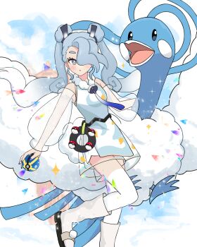1girl 1other altaria aqua_eyes aqua_hair bird blue_bird blue_nails blush breasts cloud cloudy_sky commentary detached_sleeves flying_miku_(project_voltage) gen_3_pokemon hair_over_one_eye hatsune_miku highres holding keaworks leg_warmers long_hair long_sleeves nintendo official_alternate_costume official_alternate_hairstyle open_mouth poke_ball pokemon pokemon_(creature) project_voltage quick_ball see-through_clothes see-through_skirt see-through_sleeves shirt skirt sky sleeveless sleeveless_shirt small_breasts twintails very_long_hair vocaloid waist_poke_ball white_leg_warmers