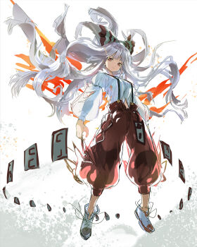 absurdres baggy_pants bow fire fujiwara_no_mokou hair_bow highres l.f. long_hair pants red_eyes shirt suspenders touhou white_hair white_shirt