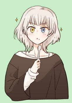 Rule 34 | 1girl, bang dream!, bang dream! it's mygo!!!!!, black shirt, blue eyes, commentary request, food, food on face, heterochromia, highres, holding, holding spoon, kaname raana, layered sleeves, long sleeves, medium hair, parted lips, shirt, short over long sleeves, short sleeves, solo, sparkle, spoon, white hair, wolf cut, yellow eyes, yrk ev