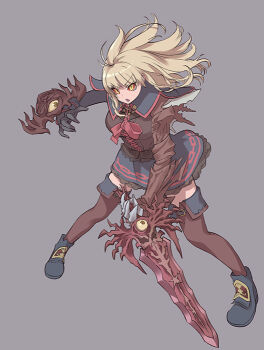 Rule 34 | 1girl, bad id, bad pixiv id, black footwear, black gloves, blonde hair, brown eyes, claws, colored sclera, corset, ears visible through hair, eyeball, gloves, grey background, holding, holding sword, holding weapon, living weapon, long hair, namco, open mouth, pyrrha alexandra, red sclera, see-through clothes, shield, simple background, solo, soul calibur, soul edge (weapon), soulcalibur, soulcalibur v, sword, weapon, yagi2013, yellow eyes, yellow sclera