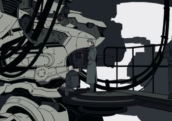 1boy 2others 621_(armored_core_vi) armored_core armored_core_vi:_fires_of_rubicon bandaged_head bandages black_footwear black_jacket black_pants cable coat earpiece full_body grey_coat grey_hair handler_walter hands_in_pockets hangar highres jacket la_bo_chu_shi loader_4 long_sleeves mecha multiple_others pants profile robot science_fiction shoes short_hair sitting standing