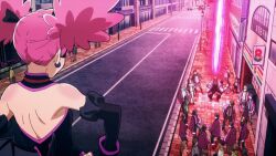 1girl 6+boys ahoge animated boku_no_hero_academia city cleavage_cutout clothing_cutout cosplay curvy dancing domino_mask energy_beam eye_mask haneyama_kazuho happy hetero highleg highleg_leotard idol jumping leotard looking_at_another mask multiple_boys music pink_hair red_eyes revealing_clothes ryona salute shiny_clothes singing skirt solo sound superhero_costume tagme video vigilante_-boku_no_hero_academia:_illegals- what wide_hips