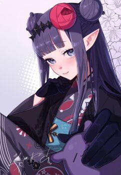 1girl black_gloves black_haori blunt_bangs commentary_request diamond_hairband double_bun gloves hair_bun haori highres hololive hololive_english japanese_clothes kimono light_smile mackintosh_rose mizuse_hazuki7 ninomae_ina'nis ninomae_ina'nis_(new_year) official_alternate_hairstyle pointy_ears print_kimono purple_eyes purple_hair purple_kimono takodachi_(ninomae_ina'nis) upper_body virtual_youtuber