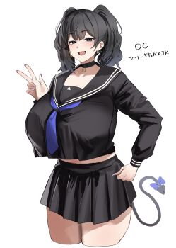 1girl absurdres black_choker black_hair black_serafuku blue_sailor_collar bow breasts choker crop_top crop_top_overhang cropped_legs fingernails highres hotate-chan huge_breasts long_fingernails miniskirt nail_polish neckerchief original pink_nails pleated_skirt sailor_collar school_uniform serafuku skirt tail tail_bow tail_ornament twintails v
