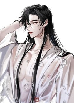 Rule 34 | 1boy, after bathing, alternate costume, alternate hairstyle, bathrobe, bishounen, black hair, chinese clothes, closed mouth, collarbone, commentary request, covered erect nipples, hair between eyes, hair down, hand in own hair, hanfu, highres, long hair, looking to the side, loxunzixin31122, male focus, modao zushi, nipples, open clothes, pectoral cleavage, pectorals, red eyes, robe, seal impression, see-through clothes, see-through robe, simple background, smile, solo, upper body, water drop, wei wuxian, wet, wet clothes, wet hair, white background