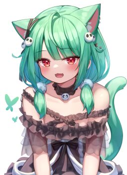 1girl :3 :d animal_ears bare_shoulders black_choker black_dress blush bug butterfly cat_ears cat_girl cat_tail choker collarbone commentary_request deaver dress ear_piercing extra_ears frilled_dress frills green_hair hair_bobbles hair_ornament hair_over_shoulder highres hololive insect long_hair looking_at_viewer low_twintails off-shoulder_dress off_shoulder open_mouth piercing red_eyes see-through_clothes simple_background skull_hair_ornament smile solo tail twintails upper_body uruha_rushia uruha_rushia_(3rd_costume) virtual_youtuber white_background