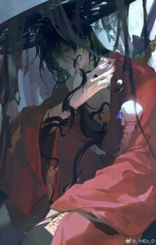 1boy ajirogasa arm_on_knee black_hair black_nails black_veil blood blood_on_face blood_on_hands bone chinese_clothes chinese_commentary coin coin_sword creature dao_gui_yi_xian eyeball hair_between_eyes hand_on_own_face hand_up hanfu hat highres holding holding_bone holding_sword holding_tentacle holding_weapon holed_coin knee_up li_huowang li_sui_(tentacles) long_hair long_sleeves looking_at_viewer male_focus nail_polish off_shoulder ofuda red_eyes red_hanfu red_nails robe shade single_bare_shoulder sitting skull solo spine spine_sword sword sword_on_back talisman tentacles tentacles_under_clothes torn_clothes veil watermark weapon weapon_on_back weibo_watermark weimao wide_sleeves wiping_blood xiaohong_o_o