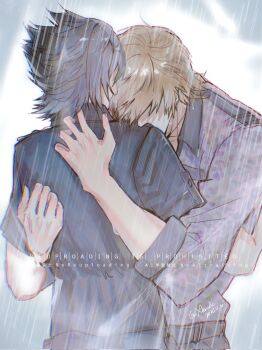 2boys black_hair black_jacket brown_hair final_fantasy final_fantasy_xv grey_shirt hair_over_eyes highres hug ignis_scientia jacket male_focus multiple_boys noctis_lucis_caelum rain shirt short_hair sleeves_rolled_up spiked_hair twitter_username upper_body wet xerobc yaoi