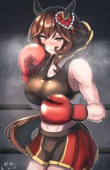 abs absurdres alternate_costume animal_ears artist_name bare_shoulders biceps blush boxing_gloves braid braided_hair_rings breasts commentary_request crop_top ear_covers gentildonna_(umamusume) hair_between_eyes hair_ornament hair_rings heart_ear_ornament highres horse_ears horse_girl horse_tail indoors kanikama25 large_breasts long_hair looking_at_viewer red_eyes steaming_body sweat tail umamusume very_sweaty
