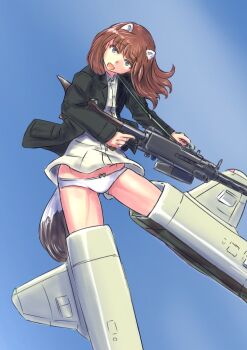 1girl animal_ears blue_eyes blue_sky bow bow_panties brown_hair browning_m1919 cloud commentary_request fang flying gluteal_fold gun holding holding_gun holding_weapon keyboardnoob looking_at_viewer machine_gun midriff_peek military_uniform open_mouth original panties skin_fang sky solo striker_unit thighs underwear weapon world_witches_series