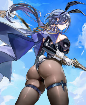 1girl alternate_costume animal_ear_hairband animal_ears ass black_leotard black_pantyhose black_shrug blue_sky cape clorinde_(genshin_impact) closed_mouth commentary day fake_animal_ears from_behind from_below genshin_impact gloves gun hairband highres holding holding_gun holding_weapon leotard long_hair looking_at_viewer pantyhose playboy_bunny purple_cape purple_hair rabbit_ear_hairband rabbit_ears rabbit_tail shrug_(clothing) skindentation sky solo tail umamipesto weapon white_gloves