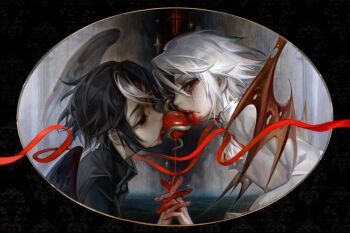 0212tu 2boys apple ascot black_eyes black_hair black_shirt black_wings blood blood_on_face blood_on_hands demon_wings fangs feathered_wings food fruit hair_between_eyes highres identity_v indirect_kiss interlocked_fingers makeup male_focus multicolored_hair multiple_boys red_eyes red_ribbon red_wings ribbon runny_makeup shirt snake tongue tongue_out two-tone_hair victor_grantz victor_grantz_(herald) victor_grantz_(the_embrace) white_ascot white_hair white_shirt white_streaks wings yaoi