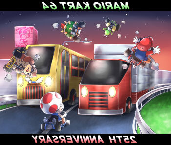 Rule 34 | 1other, 4boys, aogaeru (pixiv46613656), bowser, bus, donkey kong, donkey kong (series), driving, gloves, hat, highres, kart, mario, mario (series), mario kart, mario kart 64, motor vehicle, multiple boys, night, nintendo, road, sky, spikes, toad (mario), truck, yoshi