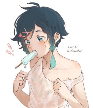 Rule 34 | !, !!, 1boy, accidental exposure, bare arms, bishounen, braid, collarbone, covered erect nipples, food, food in mouth, genshin impact, green eyes, green hair, hair ornament, hairpin, holding, holding unworn clothes, looking down, male focus, melting popsicle, nipple slip, nipples, pizarrokun, popsicle, popsicle in mouth, see-through clothes, see-through shirt, shirt, shirt slip, side braids, single bare shoulder, surprised, sweat, sweatdrop, tank top, twitter username, upper body, venti (genshin impact), wet, wet clothes, wet shirt, white background, white tank top