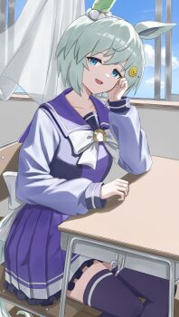 1girl absurdres animal_ears blue_eyes blue_sky bow bowtie breasts chair cloud collarbone commentary_request desk ear_covers flower grey_hair hair_between_eyes hair_flower hair_ornament hairclip highres horse_ears horse_girl horse_tail long_sleeves looking_at_viewer on_chair open_mouth pleated_skirt purple_sailor_collar purple_serafuku purple_shirt purple_skirt purple_thighhighs sailor_collar sailor_shirt school_desk school_uniform seiun_sky_(umamusume) serafuku shirt short_hair single_ear_cover sitting skirt sky smile solo sunflower sunflower_hair_ornament tail thighhighs tracen_school_uniform umamusume utd_(ponzu_supai) white_bow white_bowtie window zettai_ryouiki