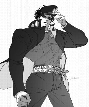 1boy abs belt clenched_hand closed_mouth commentary_request cowboy_shot gakuran hat higashikata_josuke highres holding holding_unworn_clothes holding_unworn_hat jacket jojo_no_kimyou_na_bouken korean_commentary lower_eyelashes_only male_focus muscular muscular_male open_clothes open_jacket school_uniform scottish_fold12 short_hair solo twitter_username unworn_hat unworn_headwear