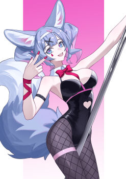 Rule 34 | 1girl, absurdres, animal ear fluff, animal ears, bare shoulders, black leotard, blue eyes, border, bow, bowtie, breasts, cameltoe, clothing cutout, commentary request, fingernails, fishnet pantyhose, fishnets, fox ears, fox girl, fox tail, grey pantyhose, hairband, hatsune miku, heart cutout, highres, leotard, looking at viewer, medium breasts, meng xi xuan, nail polish, open mouth, pantyhose, pillarboxed, pink background, pink nails, pole, rabbit hole (vocaloid), red bow, red bowtie, red nails, red pupils, revision, smile, solo, stripper pole, tail, thigh strap, vocaloid, w, white border, white hairband