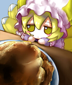 1girl absurdres blonde_hair blush_stickers food food_focus fox_tail fumo_(doll) hat highres mob_cap multiple_tails pancake rusuban_(yakumora_n) solo tail touhou yakumo_ran yellow_eyes